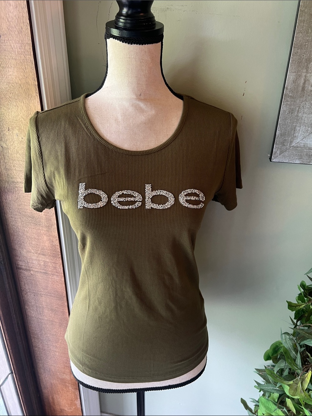 bebe Olive Ribbed Tee with Crystal Logo